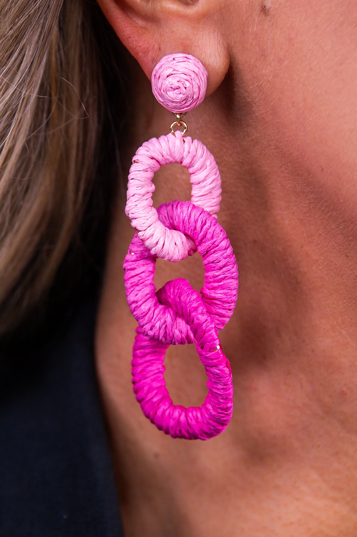 Fuchsia/Light Pink Circle Link Raffia Drop Earrings - EAR4322FU