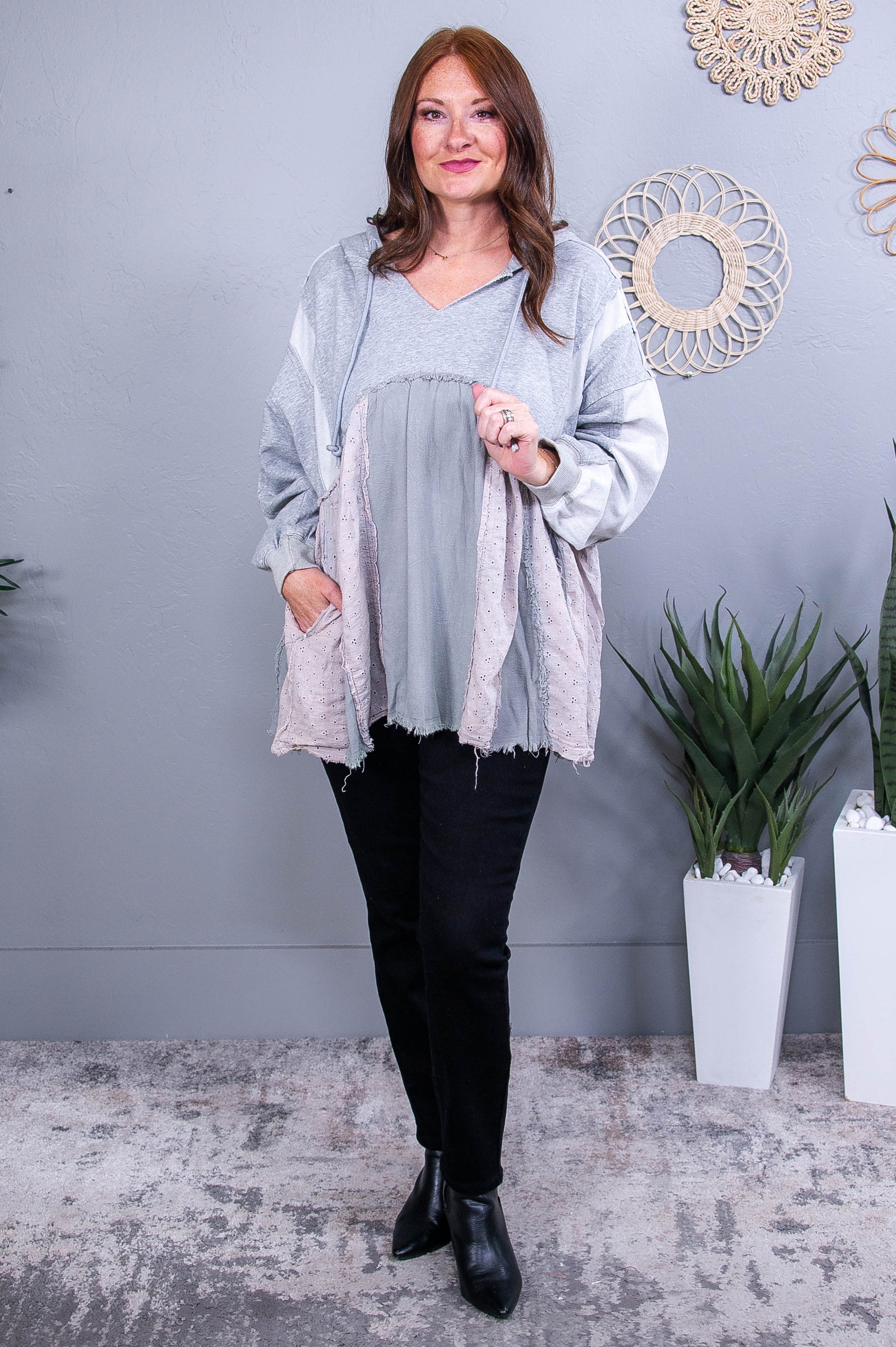 The Country Way Heather Gray Floral Embroidered Frayed Tunic - T10540HGR