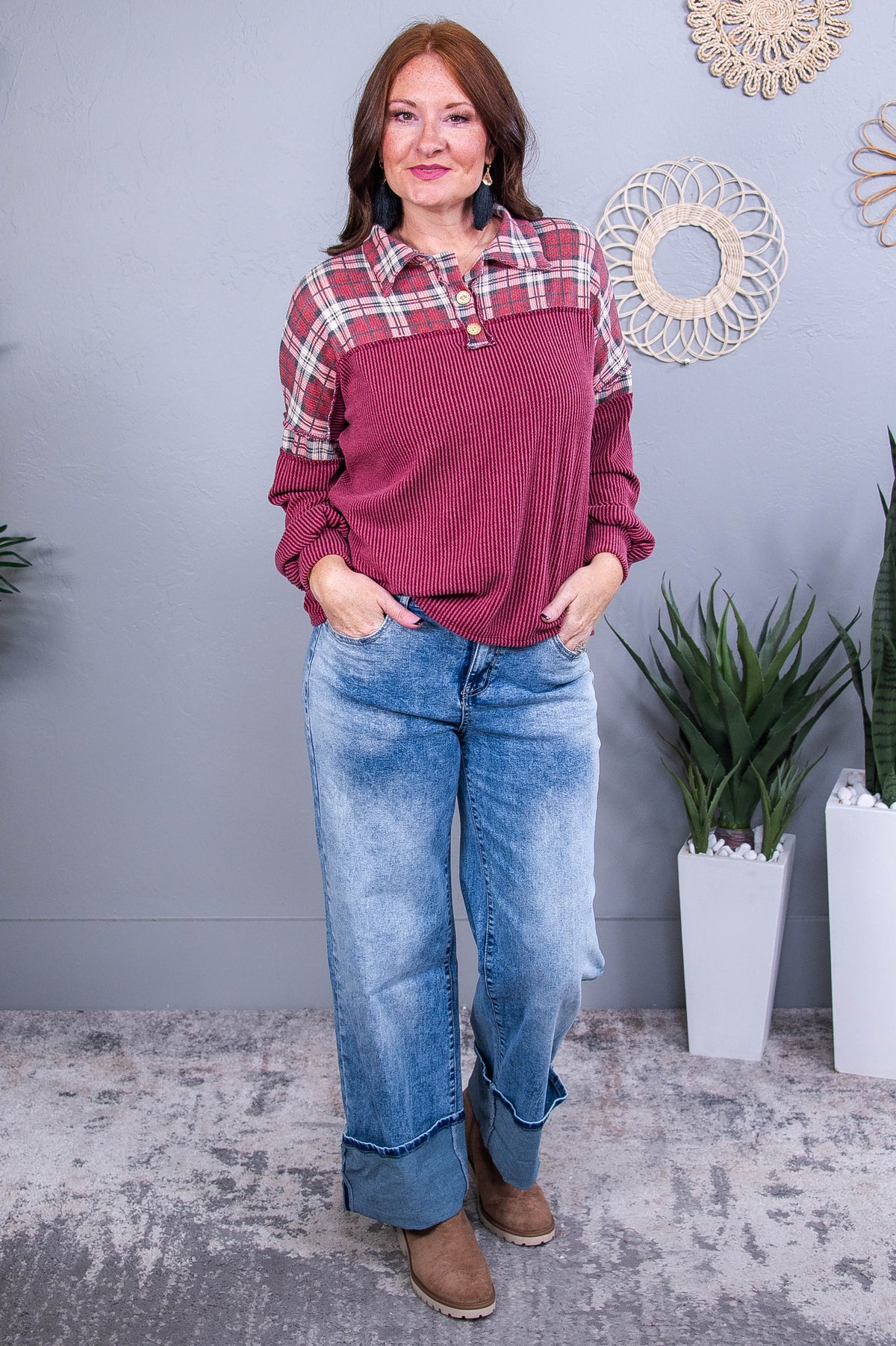 Endless Inspiration Dark Wine Plaid Top - T10548DWN