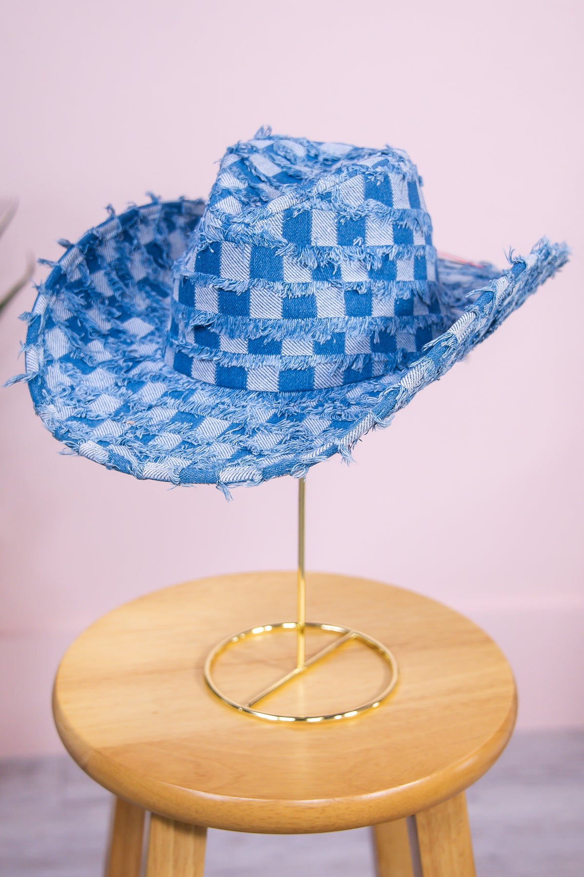 Medium Denim/Light Denim Checkered Frayed Cowgirl Hat - HAT1501MDN