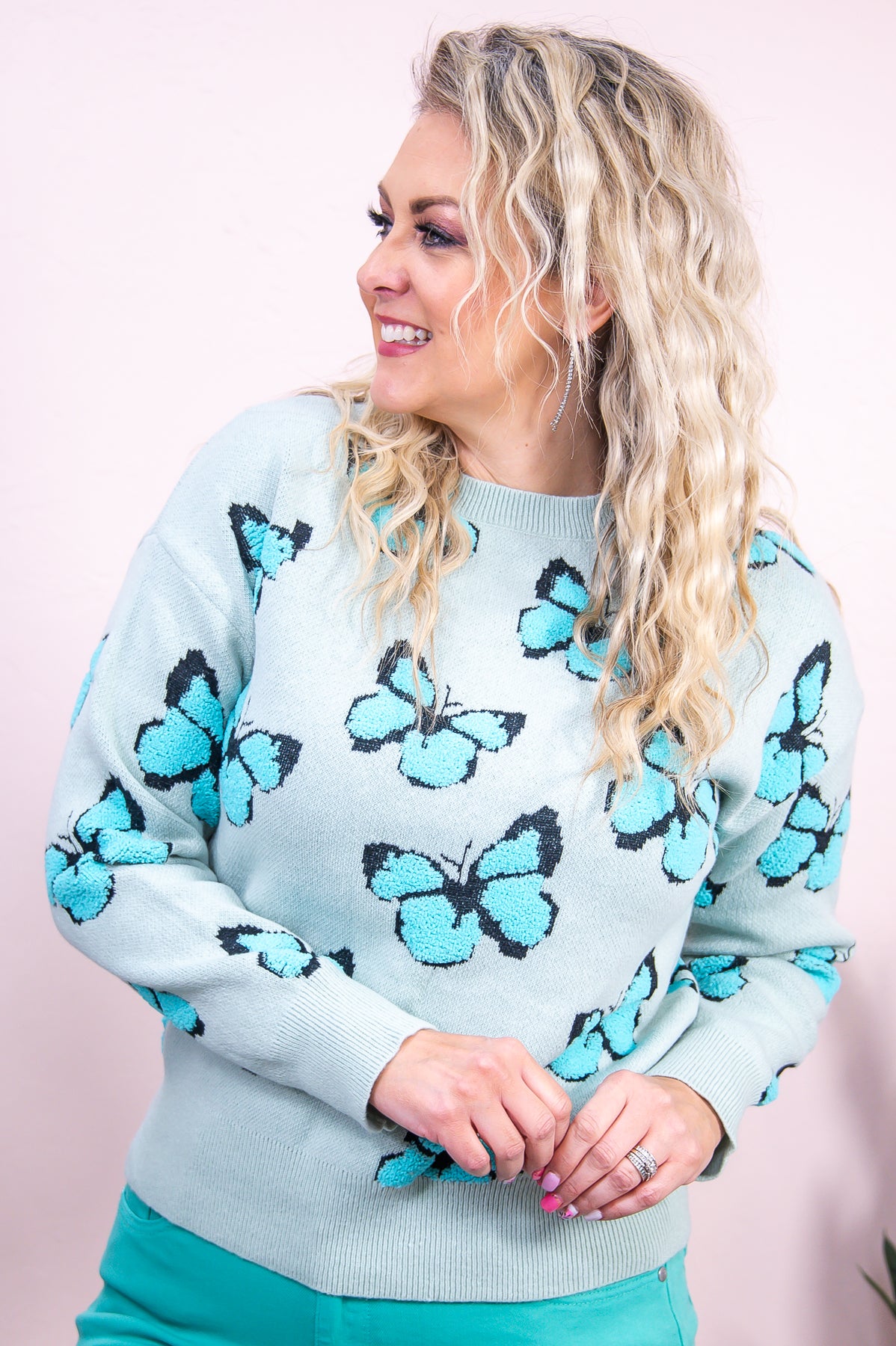 Find Your Wings & Soar Teal/Multi Color Butterfly Sweater Top - T9043TE