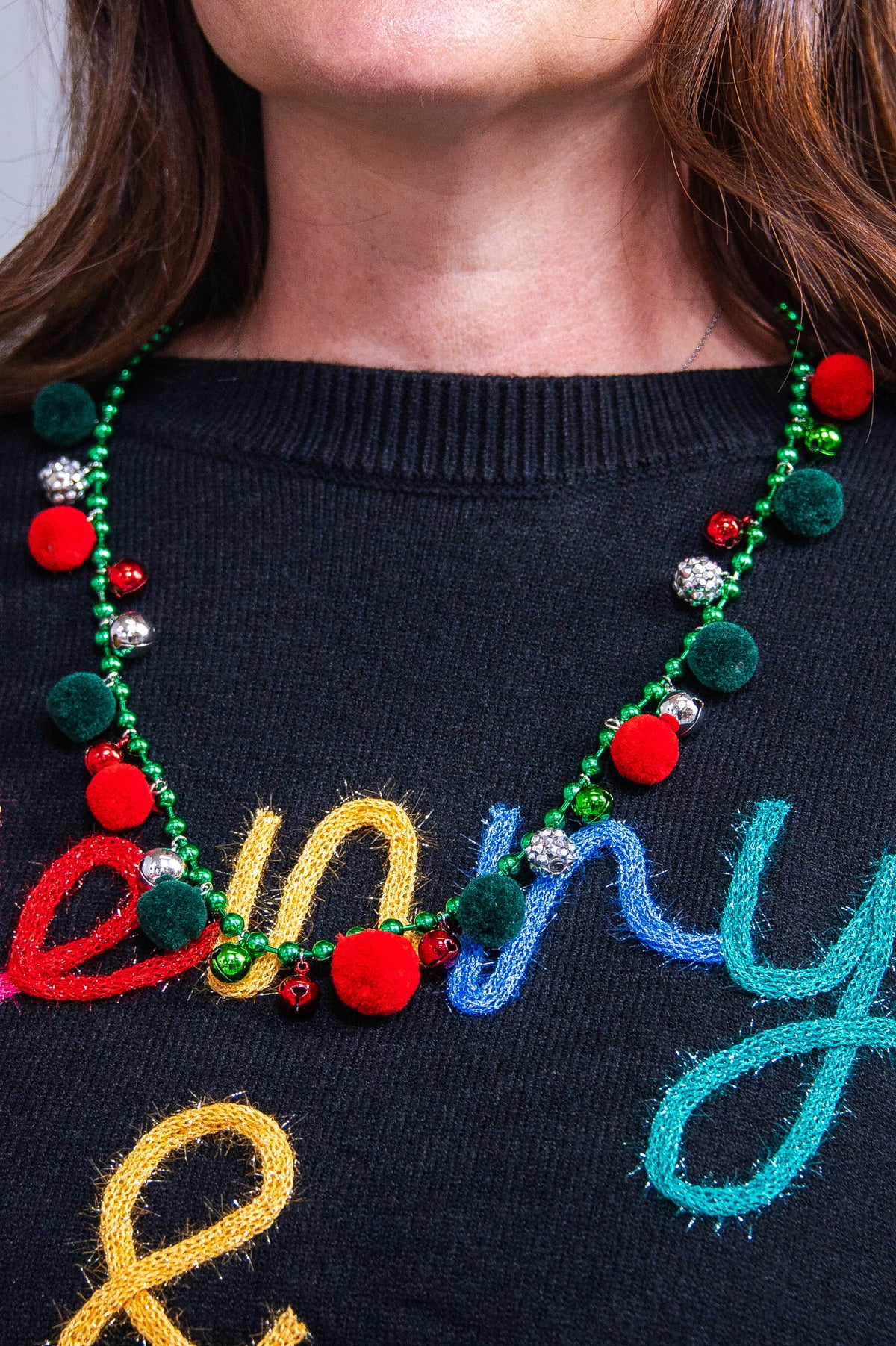 Green/Red/Silver Pompom/Christmas Bell Necklace - NEK4379GN