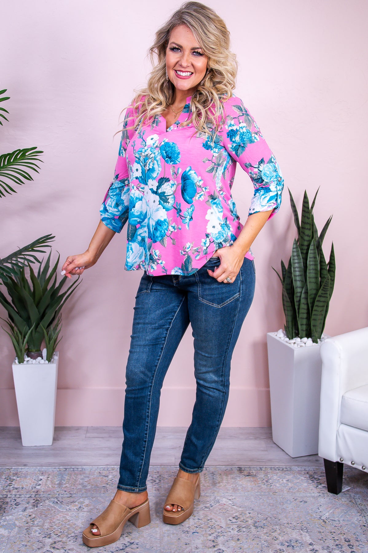 Dazzling In Pink Pink/Blue Floral Top - T9846PK