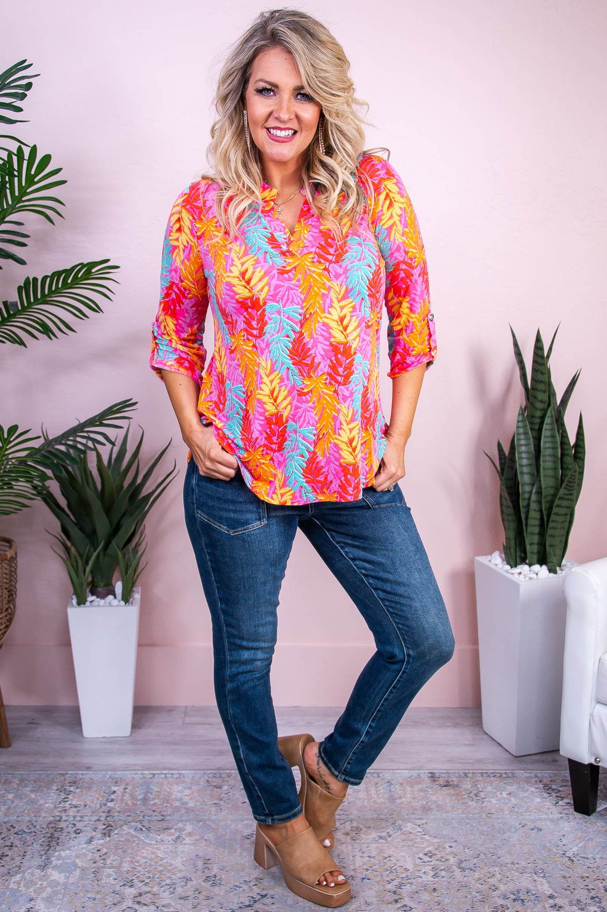 Deeper Connection Pink/Yellow Floral Leaf Top - T9841PK