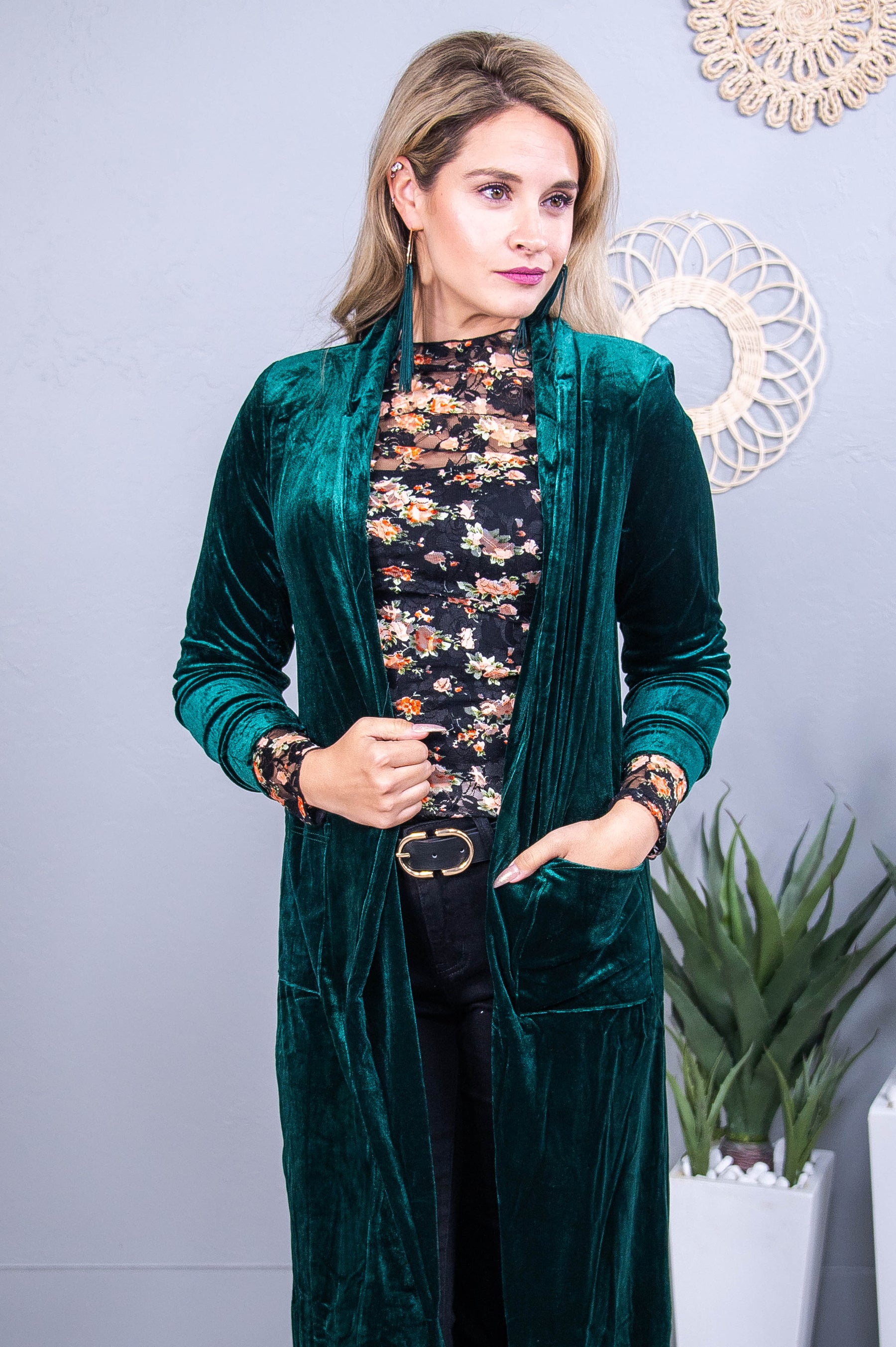 There Is Always Hope Green Solid Velvet Long Cardigan - O5604GN