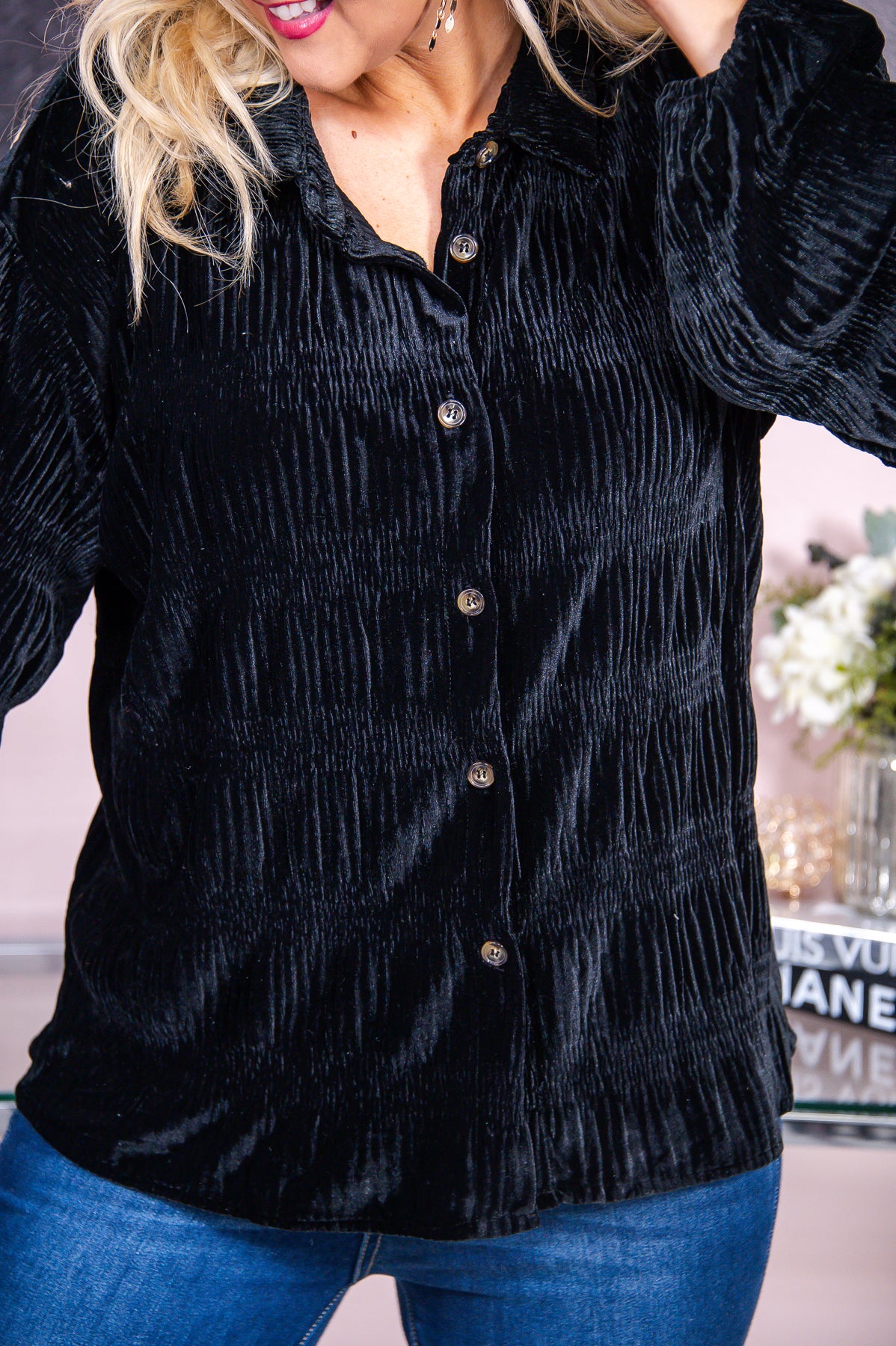 Black Velvet Button Front Top