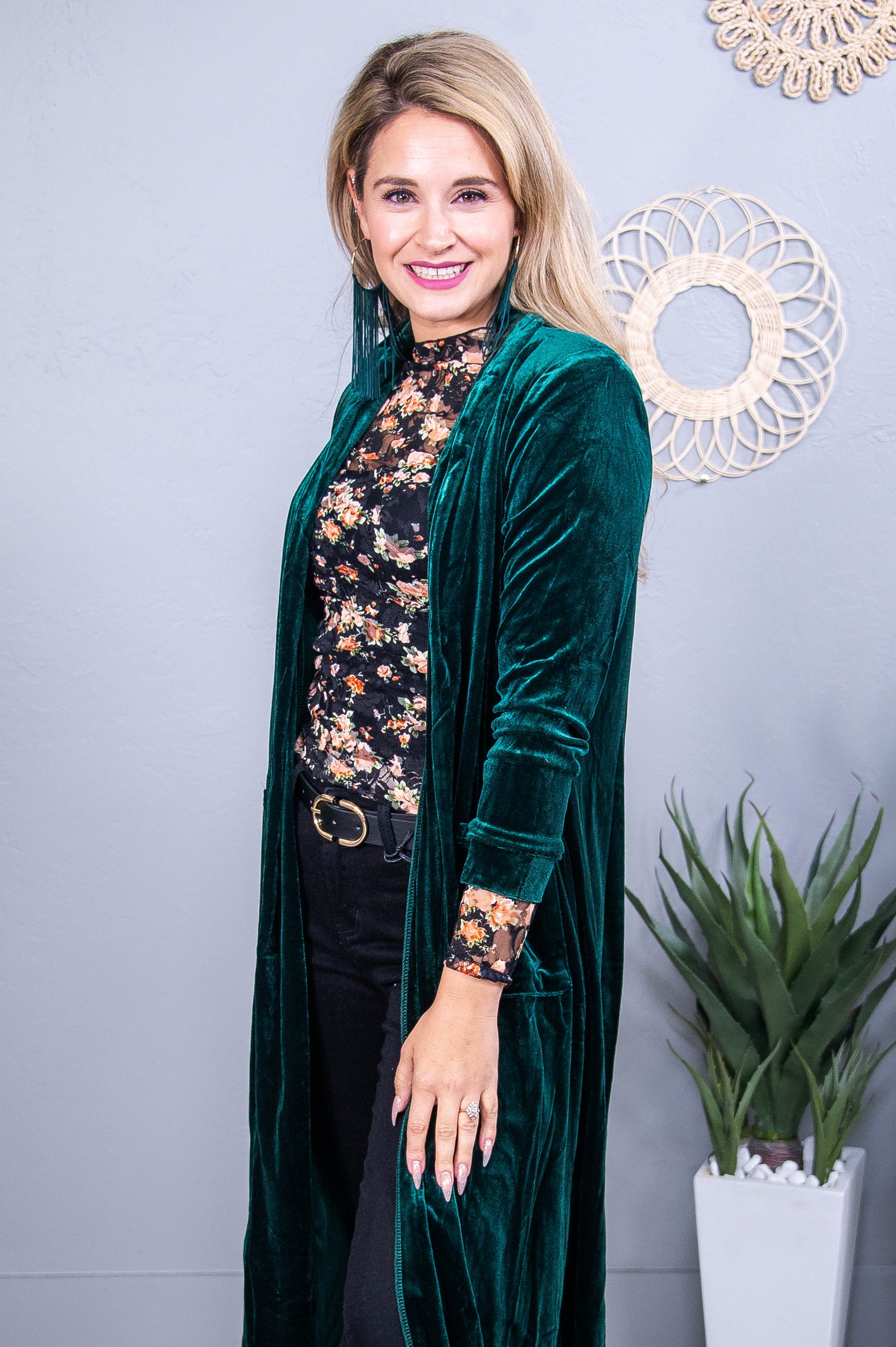 There Is Always Hope Green Solid Velvet Long Cardigan - O5604GN