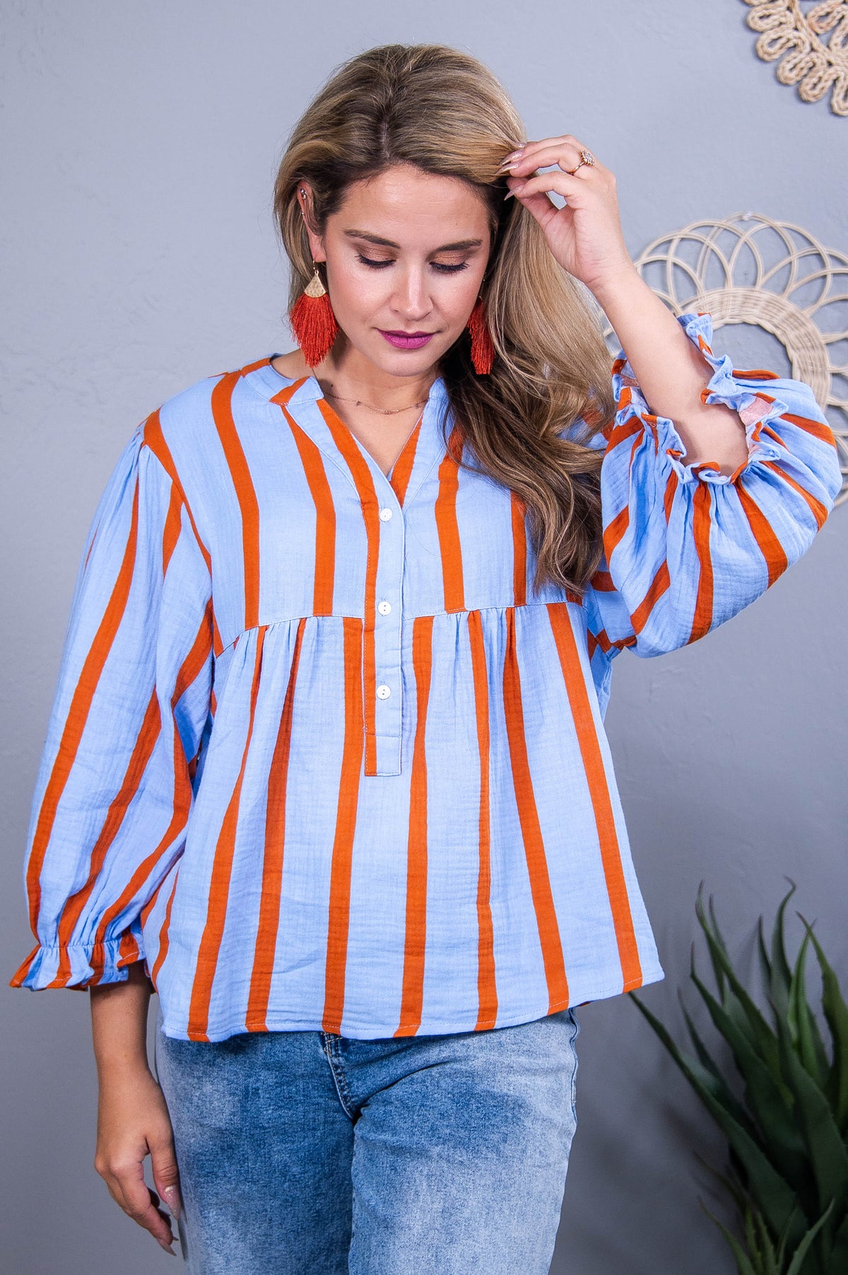 I'm Irreplaceable Light Blue/Orange Striped V Neck Top - T10550LBL