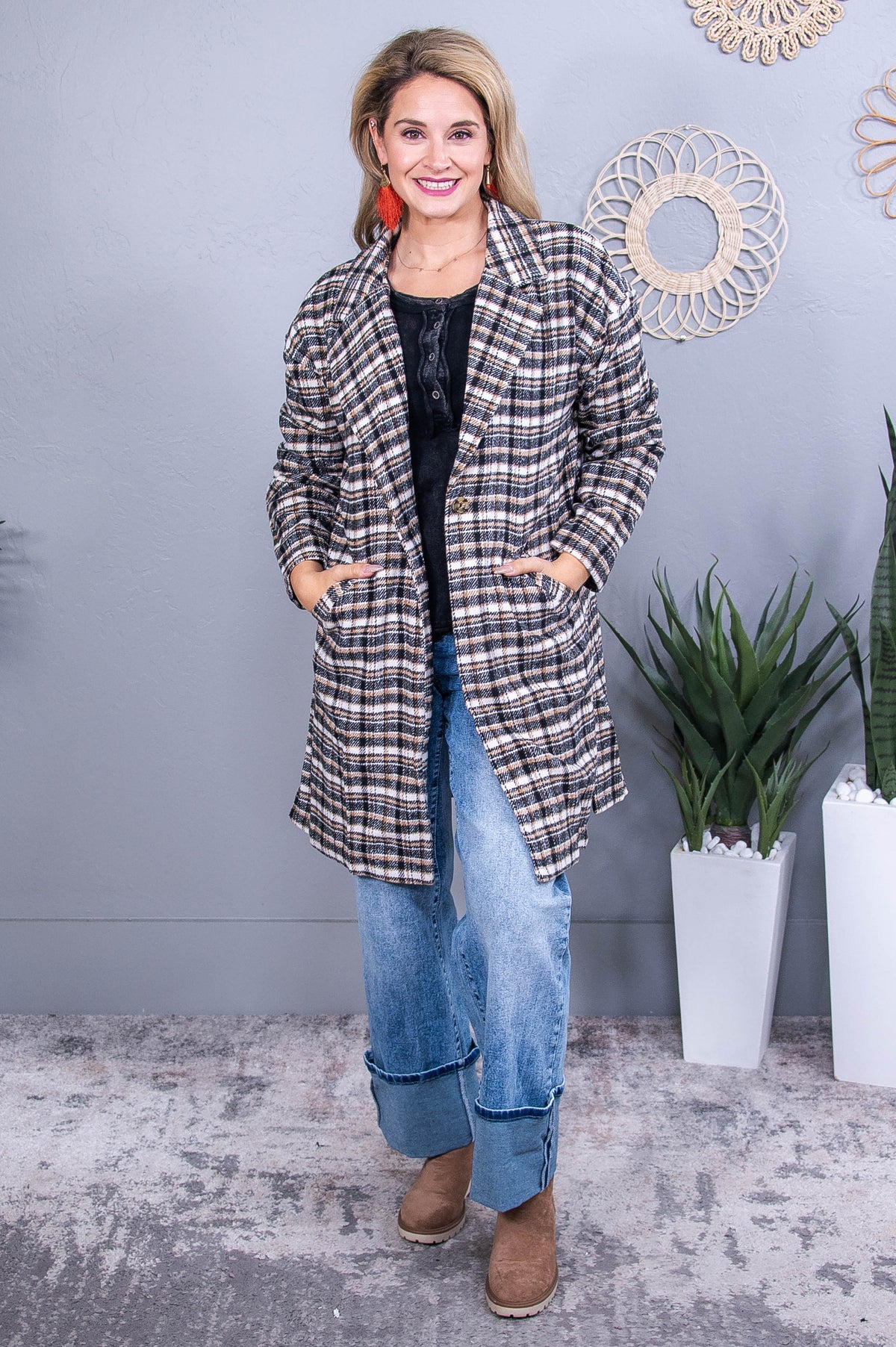 Seeking Sophistication Mocha/Multi Color Plaid Long Jacket - O5605MO