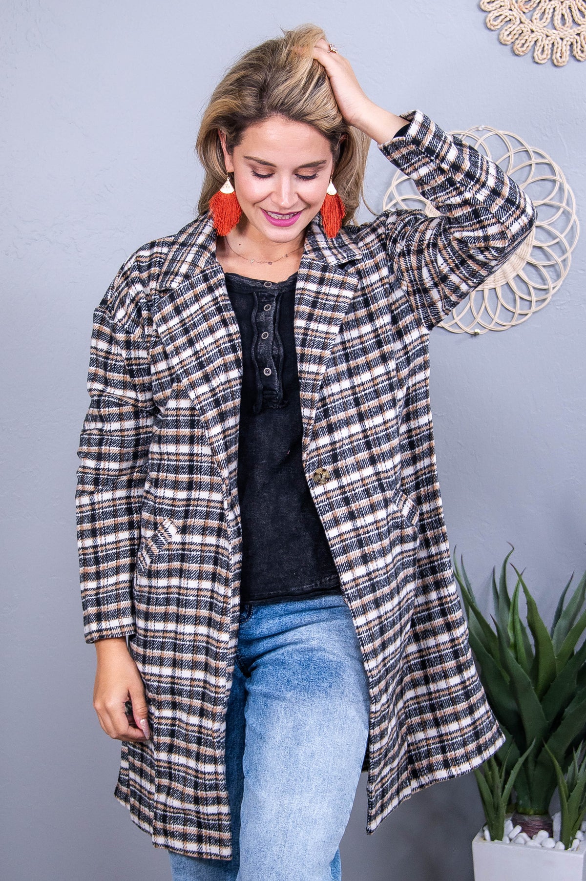 Seeking Sophistication Mocha/Multi Color Plaid Long Jacket - O5605MO