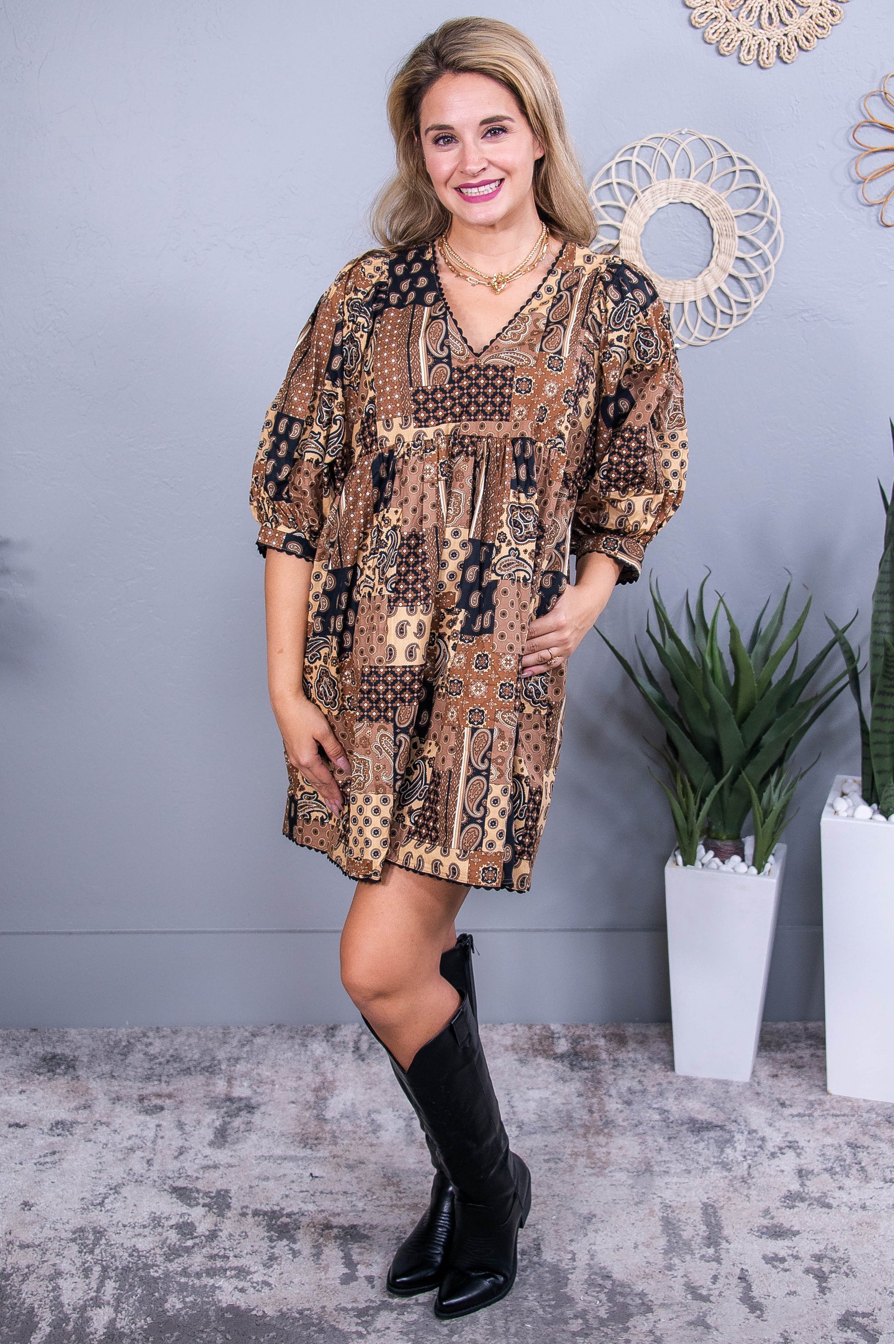 Cherish These Moments Brown/Black Multi Patterns Dress - D5554BR