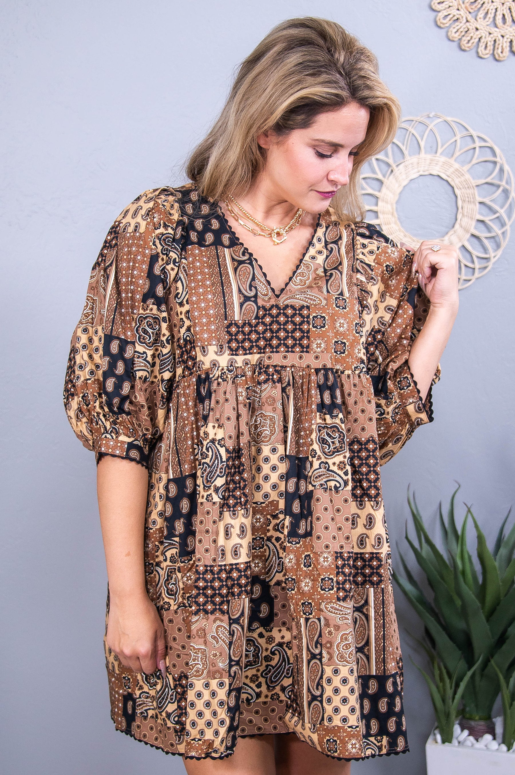 Cherish These Moments Brown/Black Multi Patterns Dress - D5554BR