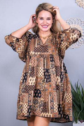 Cherish These Moments Brown/Black Multi Patterns Dress - D5554BR