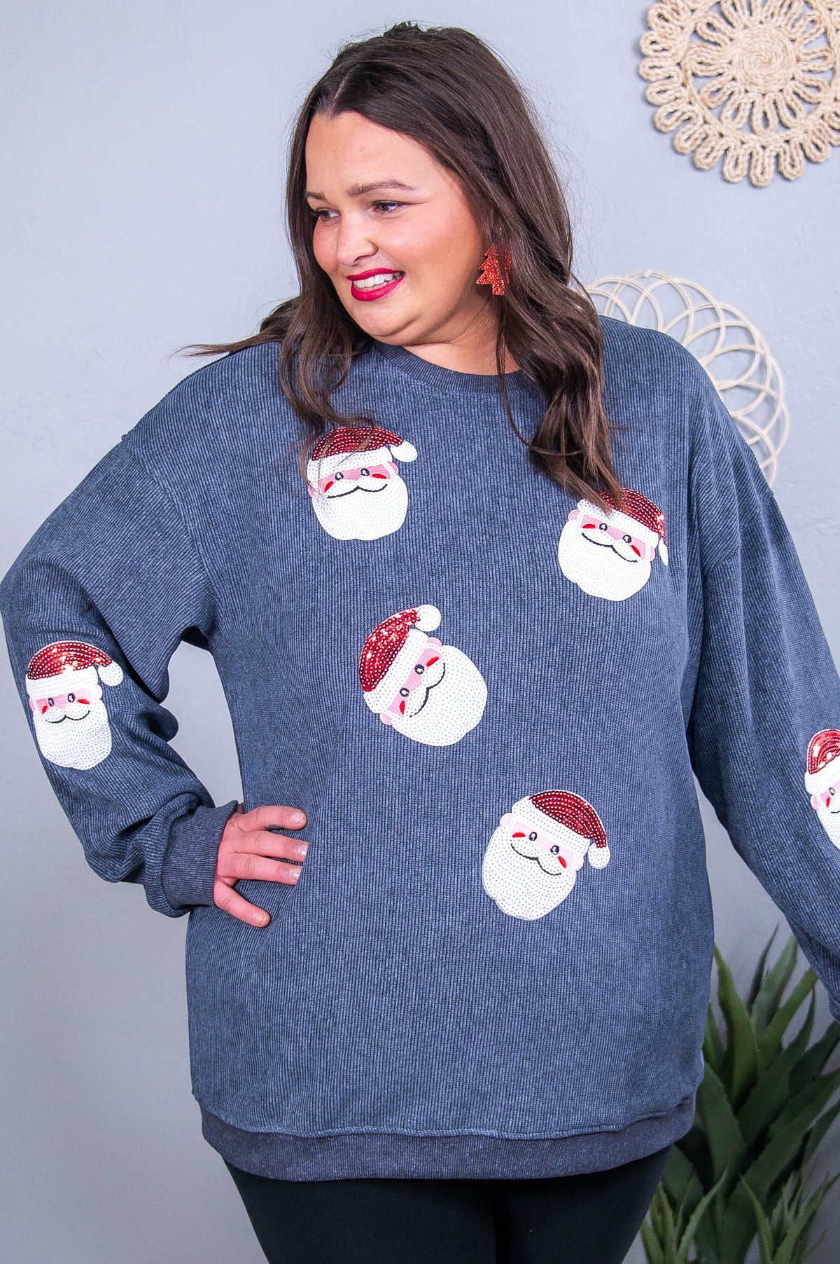 Holly Jolly Vibes Heather Gray/Multi Color Santa Sequins Top - T10554HGR