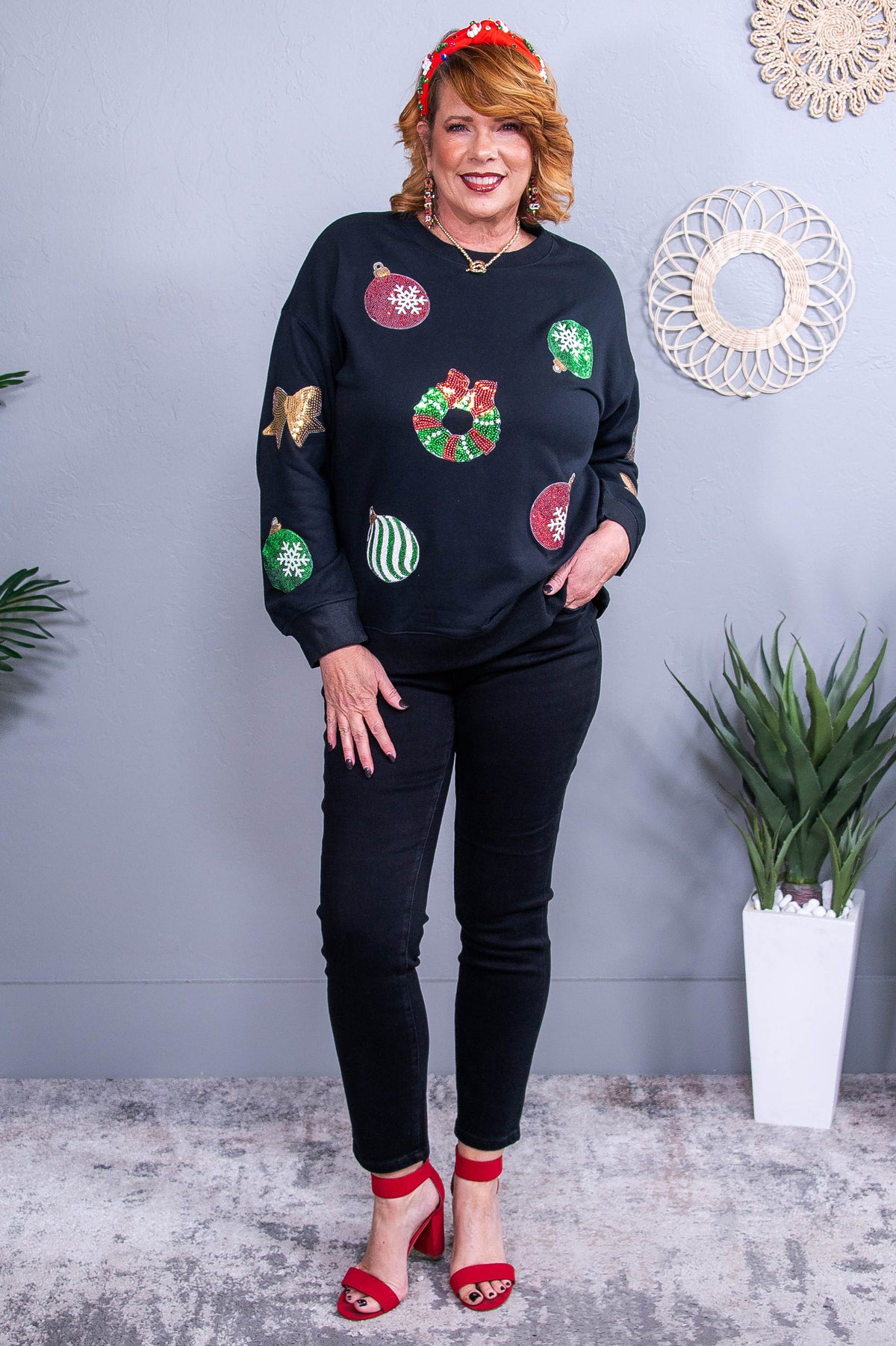 I'll Be Home For Christmas Black/Multi Color Ornament Sequins Top - T10556BK