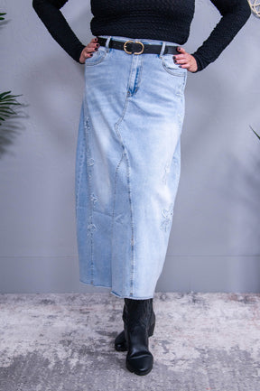 Timeless Attitude Light Denim Floral Distressed Skirt - E1153DN