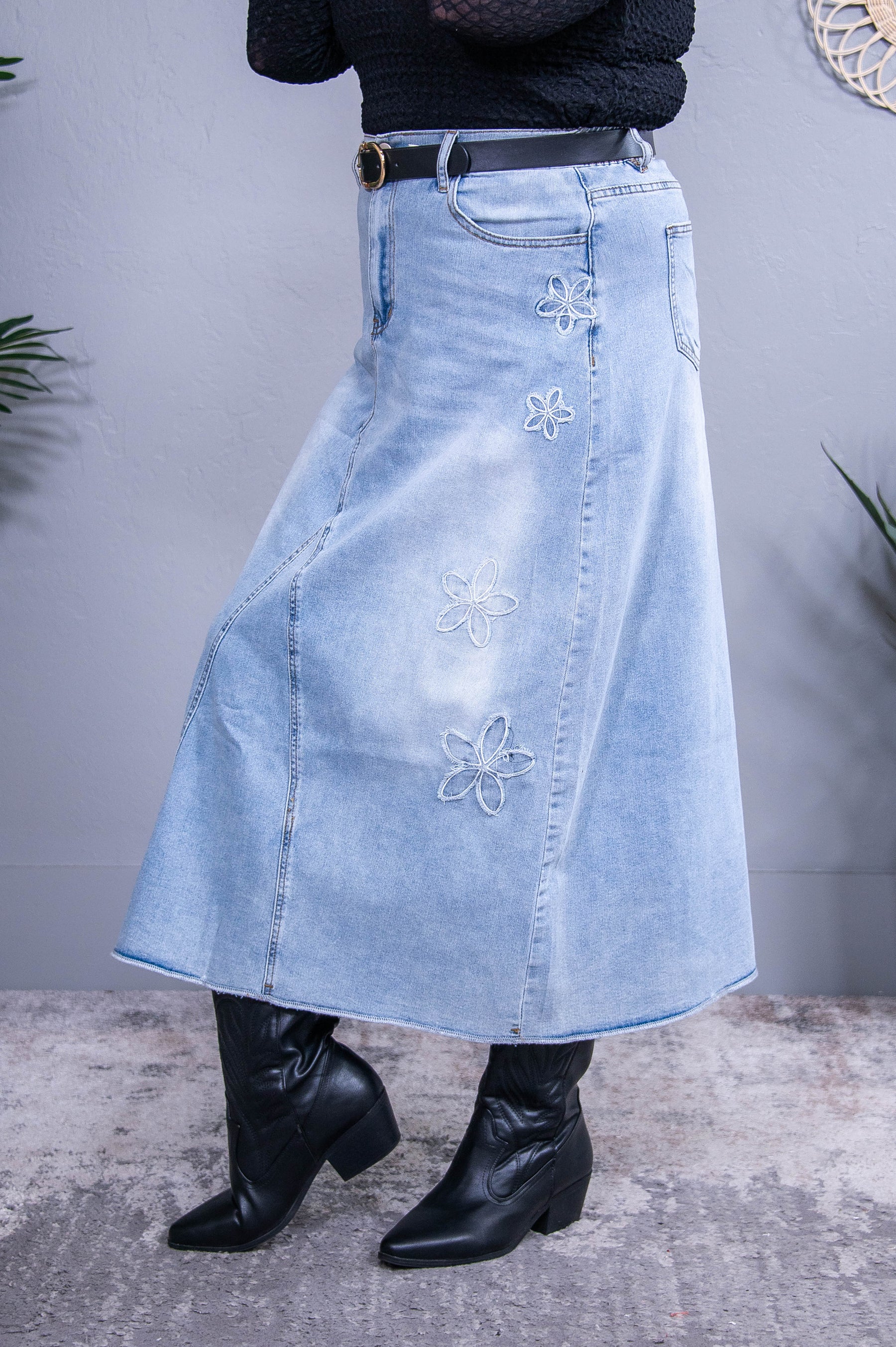 Timeless Attitude Light Denim Floral Distressed Skirt - E1153DN