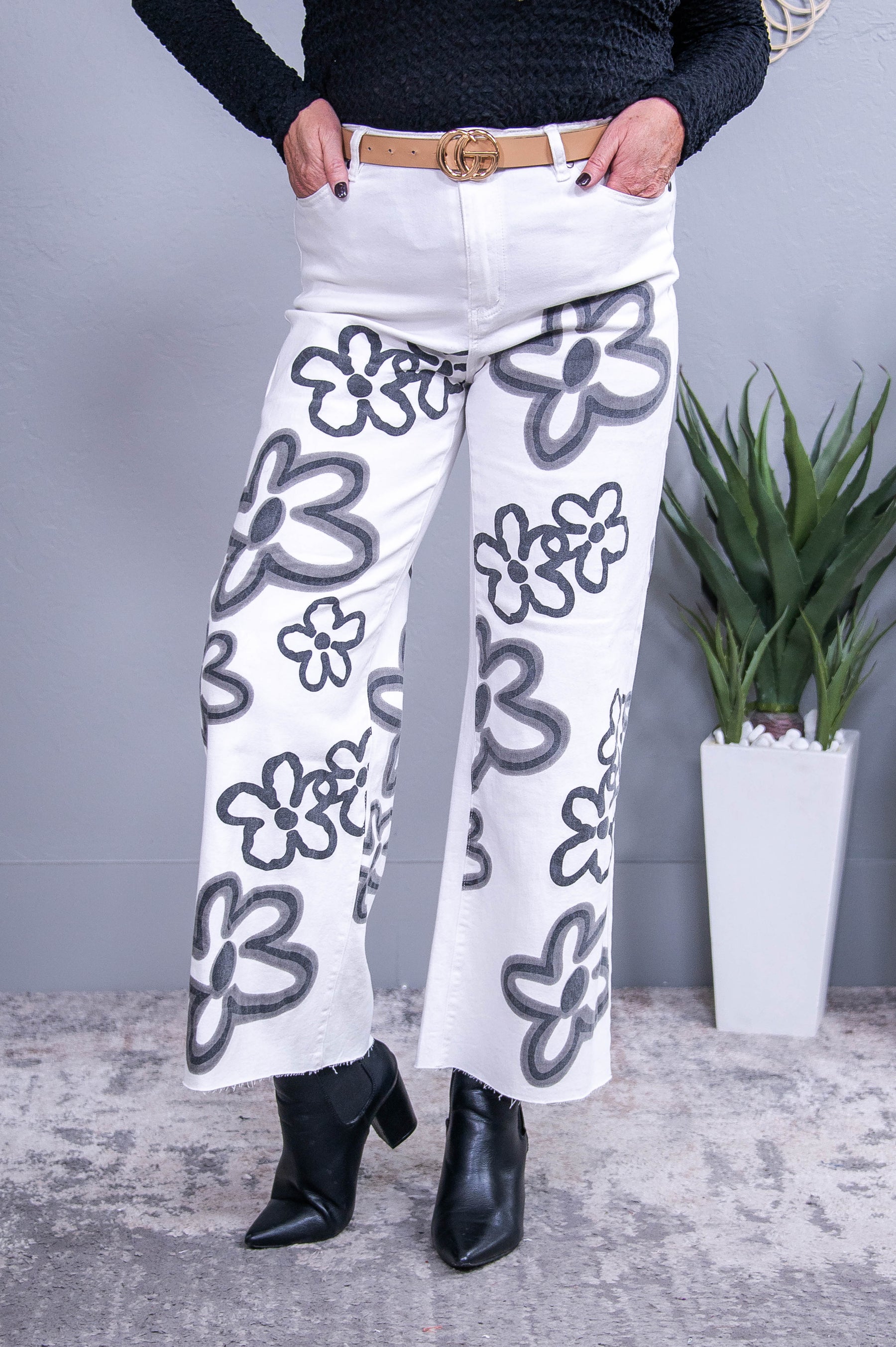 Blossom White/Black Floral Jeans - K1242WH