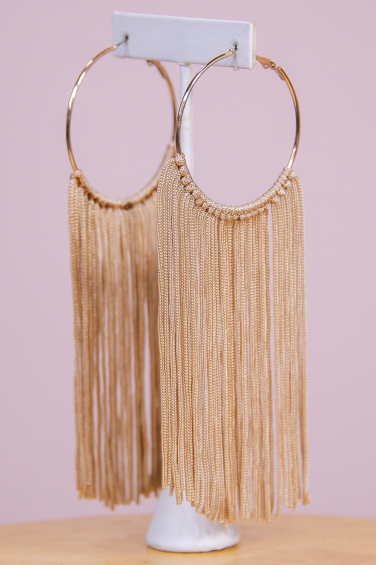 Long Natural Tassel Gold Hoop Earrings - EAR4324NA