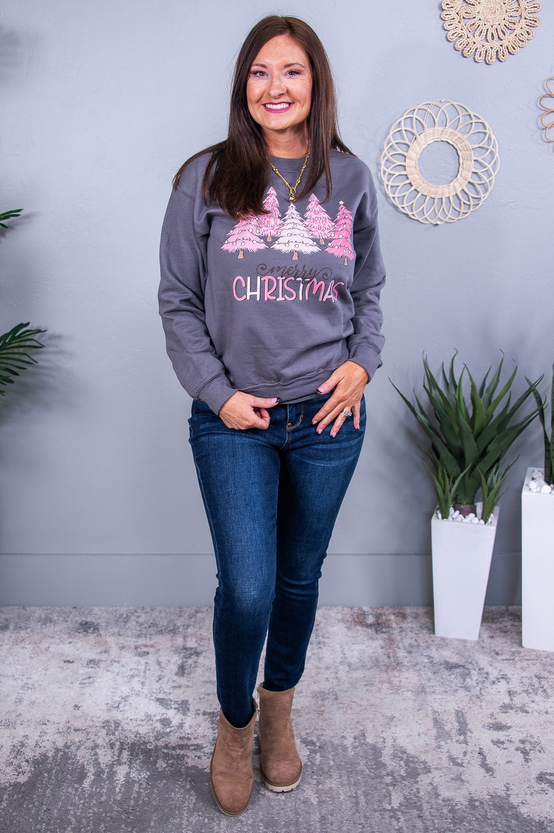 Merry Christmas Charcoal Gray/Pink Trees Graphic Sweatshirt - A3693CH