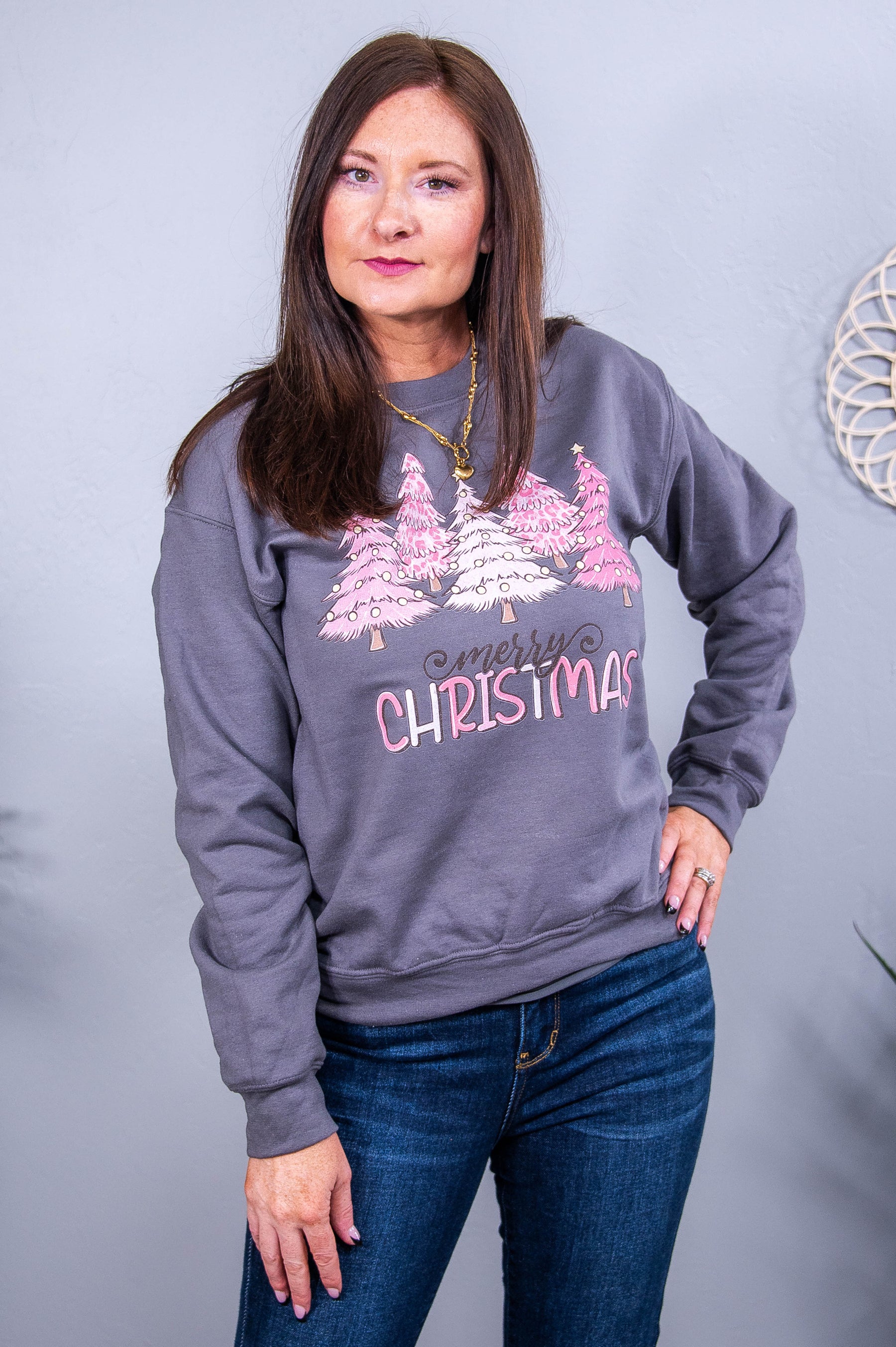 Merry Christmas Charcoal Gray/Pink Trees Graphic Sweatshirt - A3693CH