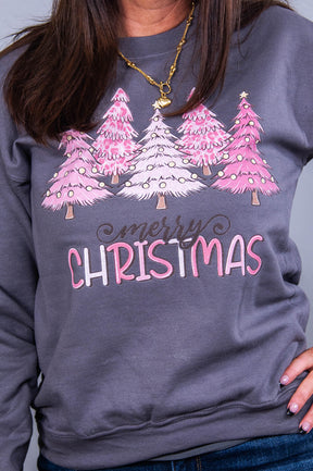 Merry Christmas Charcoal Gray/Pink Trees Graphic Sweatshirt - A3693CH