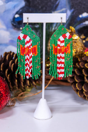 Green Seed Bead Fringe Candy Cane Earrings - EAR4428GN