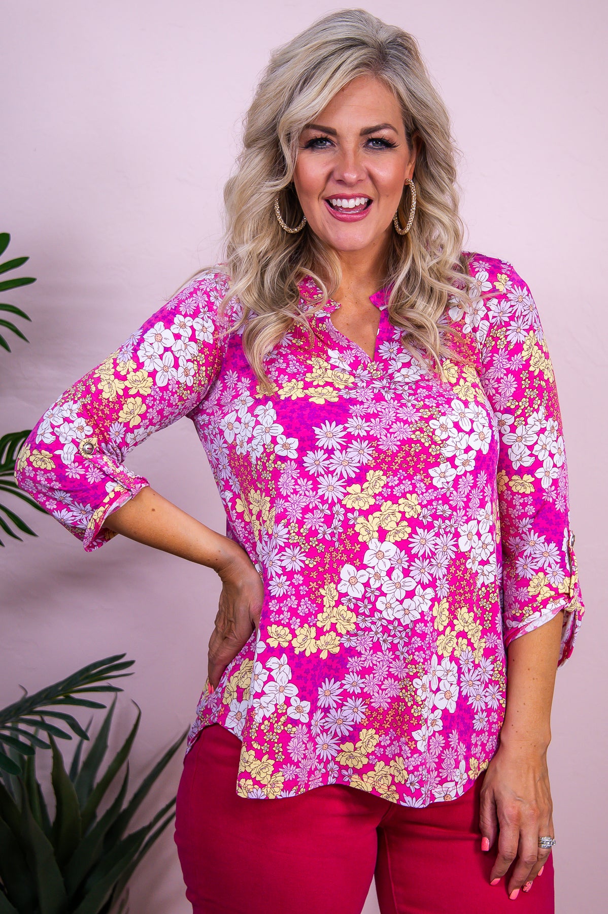 Iconic Comfort Hot Pink/Multi Color Floral Top - T9795HPK