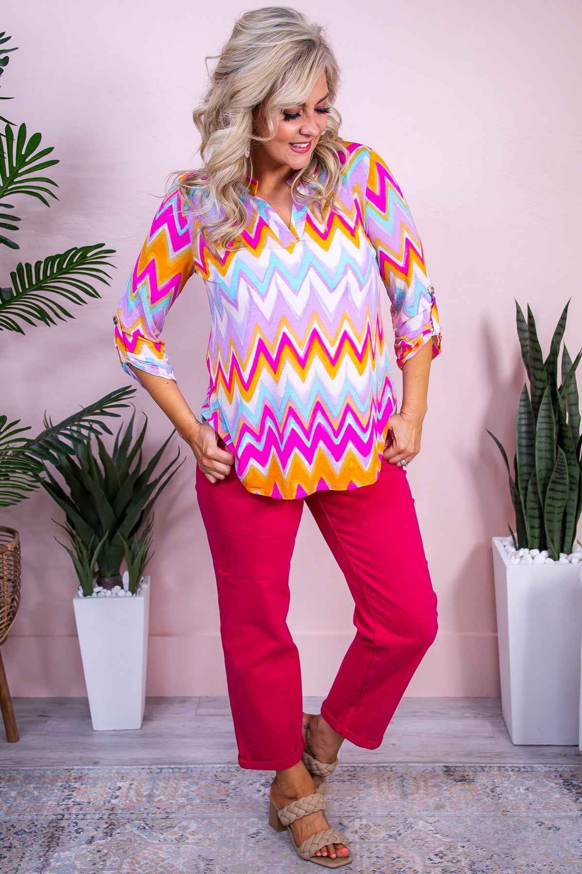 Good To Get Away Pink/Multi Color Printed Top - T9788PK