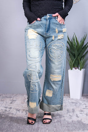 Irene Light Denim Distressed/Frayed Peace Pants - K1244DN