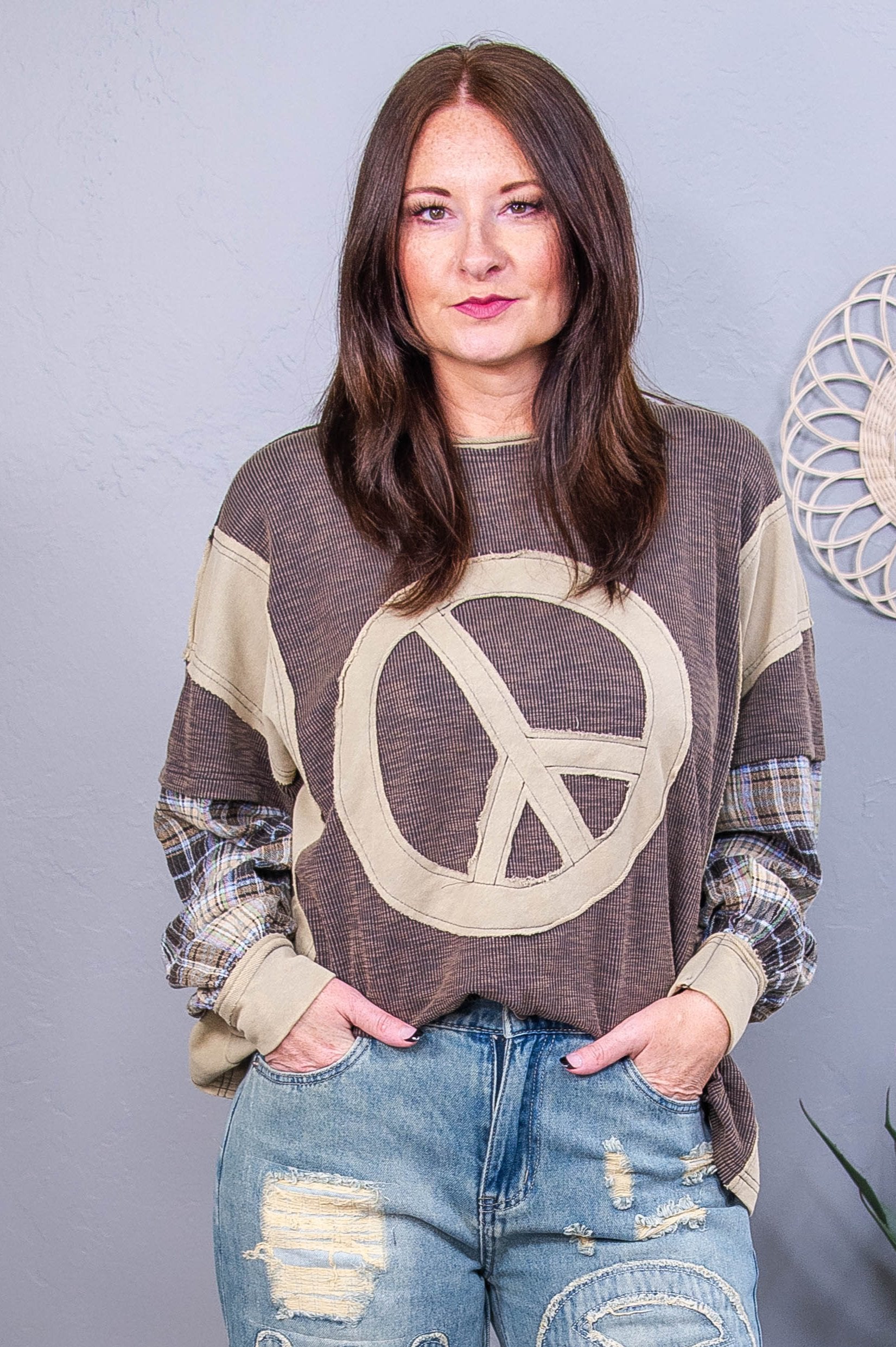 Coffee Shop Cutie Olive/Multi Color Plaid/Peace Sign Top - T10575OL