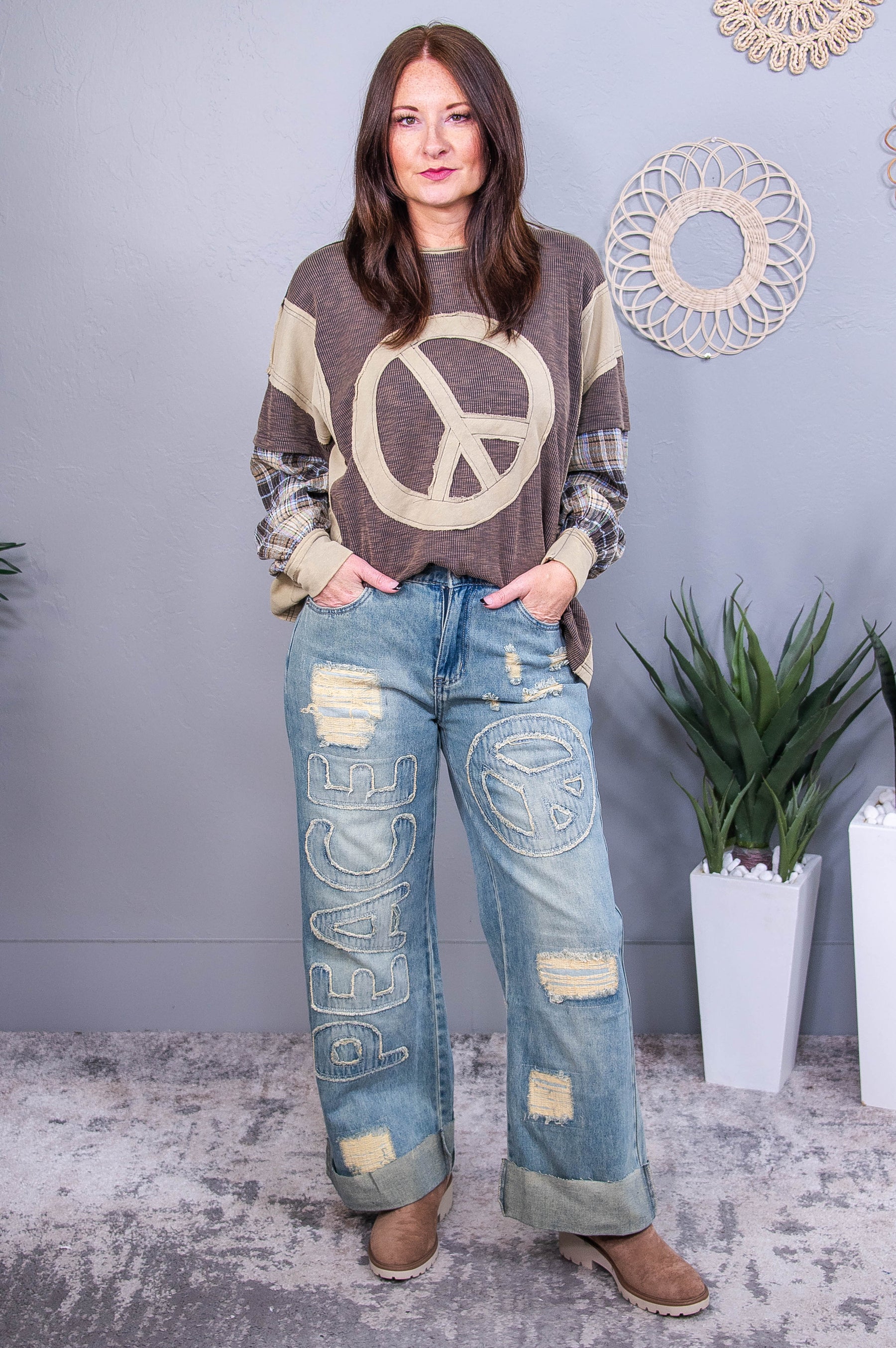 Coffee Shop Cutie Olive/Multi Color Plaid/Peace Sign Top - T10575OL