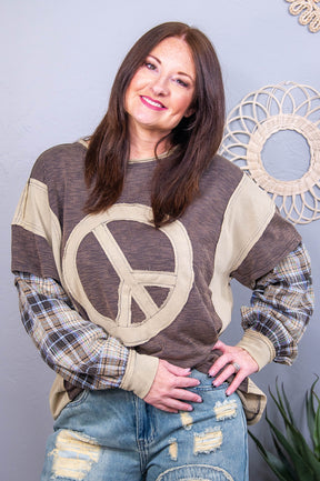 Coffee Shop Cutie Olive/Multi Color Plaid/Peace Sign Top - T10575OL