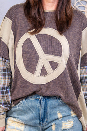 Coffee Shop Cutie Olive/Multi Color Plaid/Peace Sign Top - T10575OL