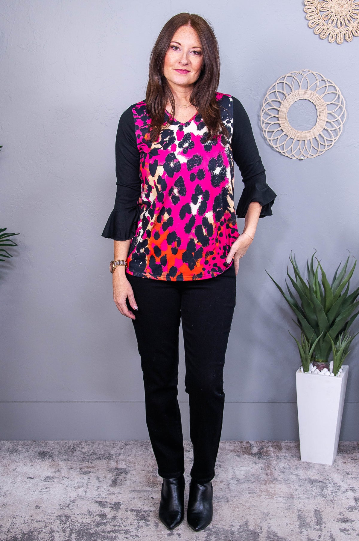 First Class Moment Fuchsia/Black Printed V Neck Top - T10579FU