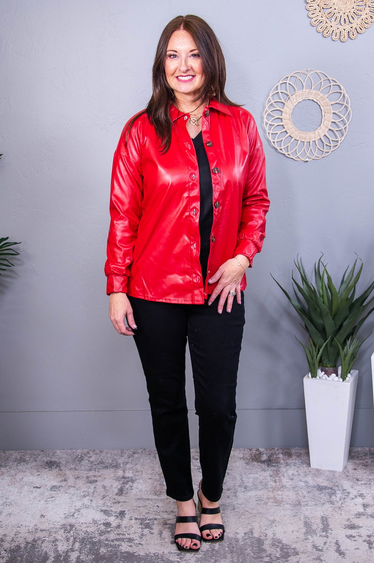 Catwalk Crush Red Faux Leather Shacket - O5619RD