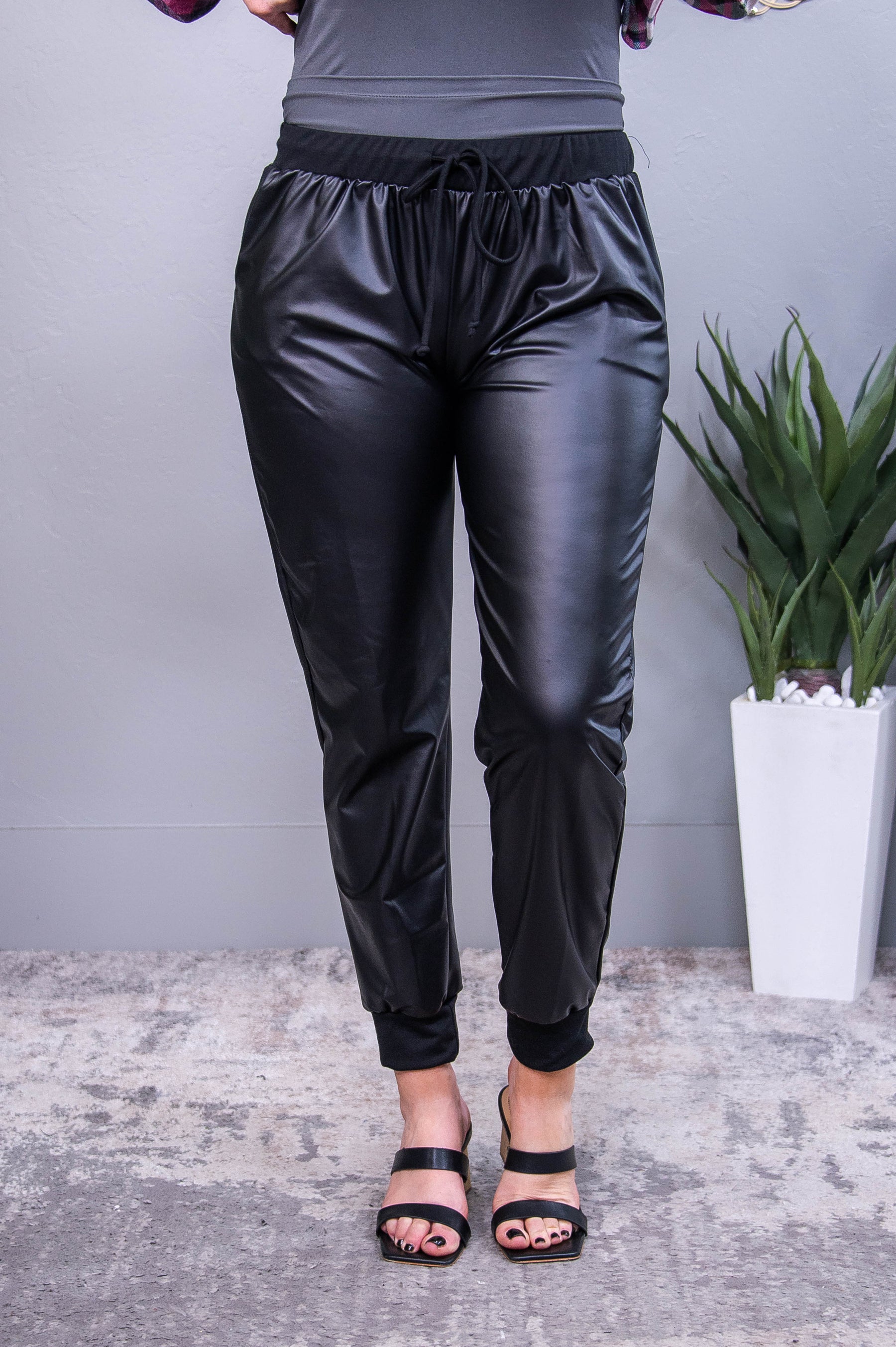 Totally Chic Black Faux Leather Joggers - PNT1748BK