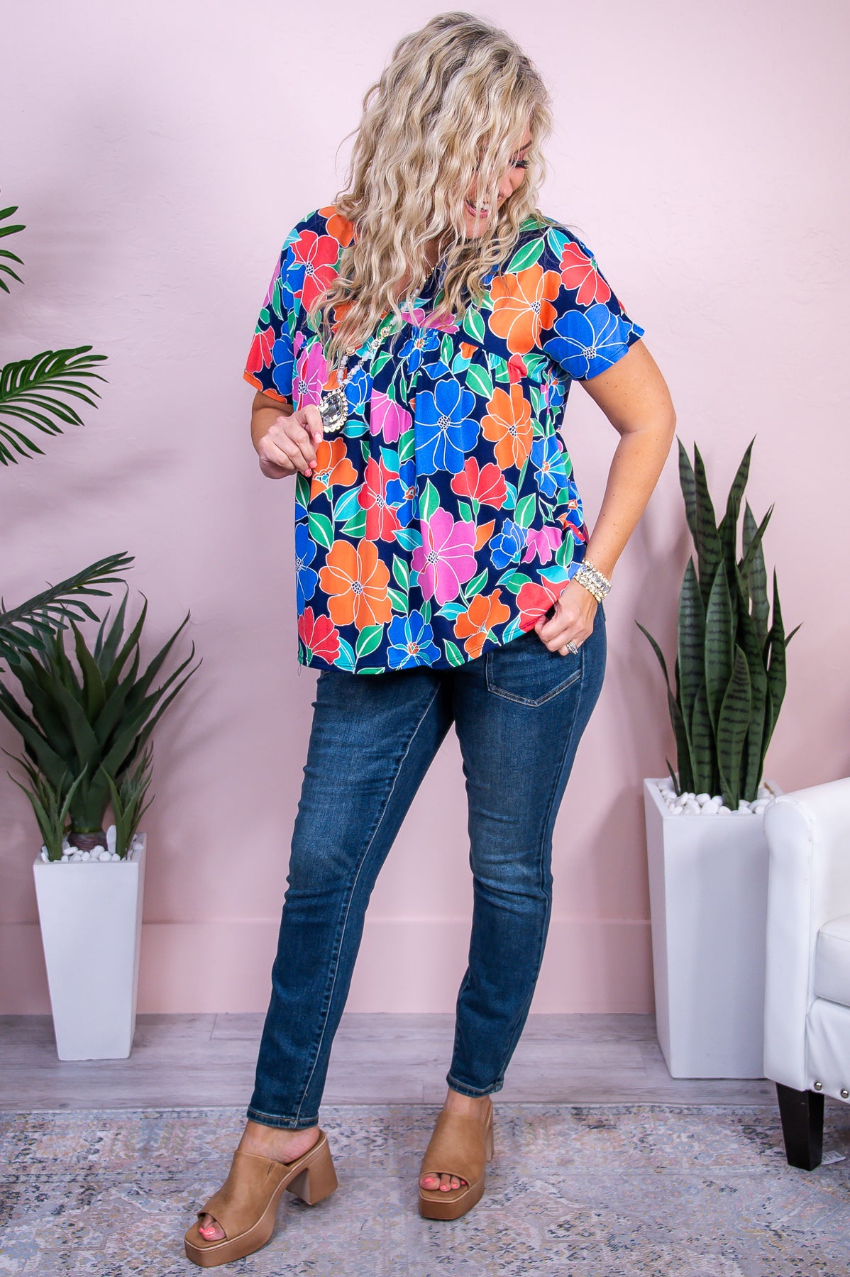 Sunlit Days Navy/Multi Color Floral Babydoll Top - T9934NV