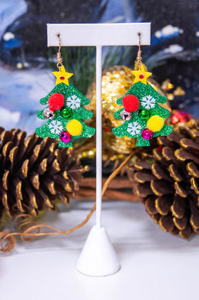 Green Christmas Tree with Jingle Bells and Pom Pom Earrings - EAR4438GN