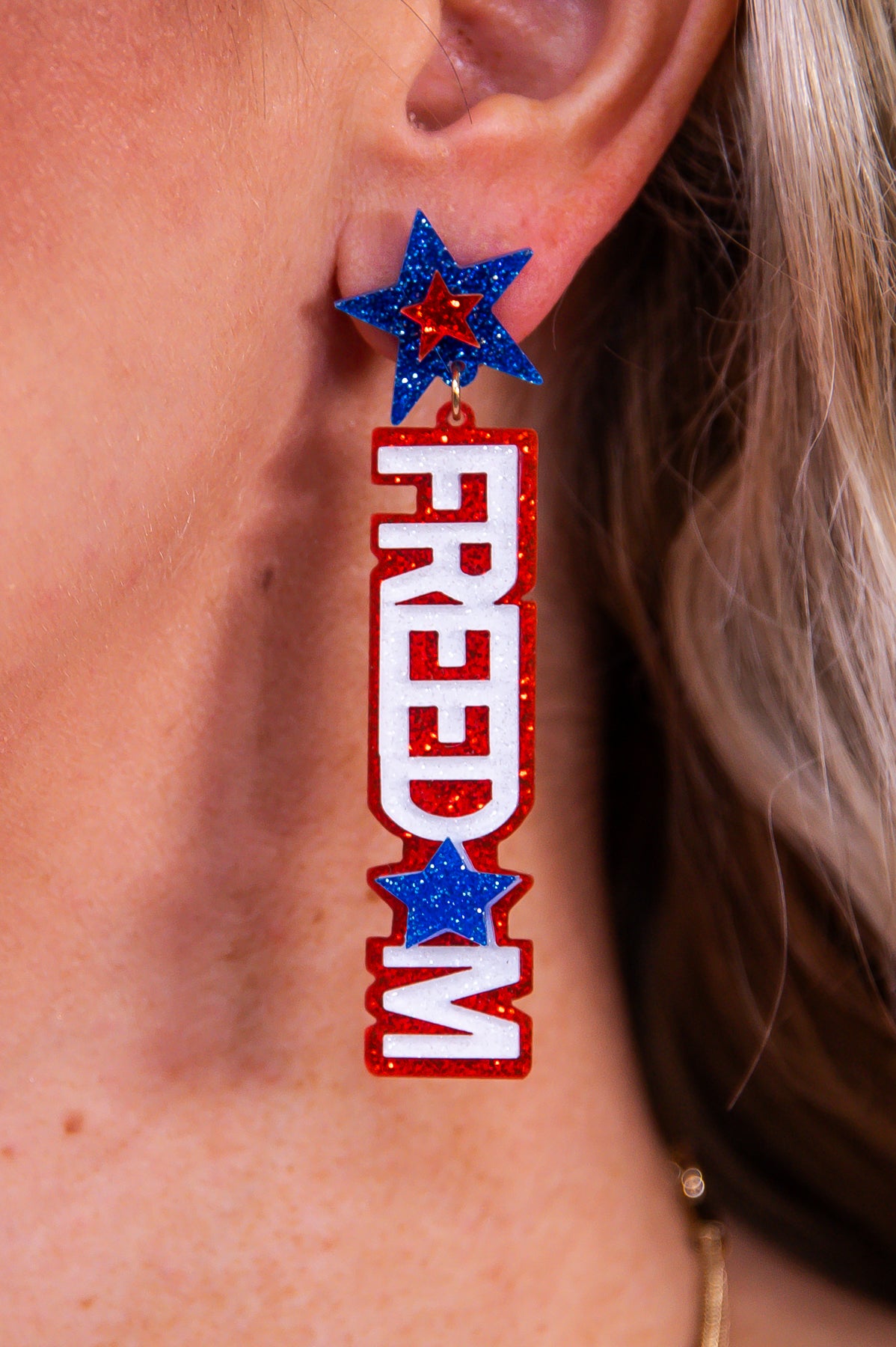 Freedom Red/White/Blue Star Glitter Earrings - EAR4333RD