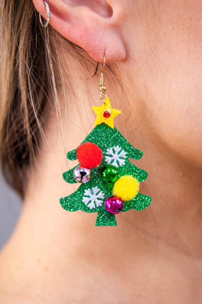 Green Christmas Tree with Jingle Bells and Pom Pom Earrings - EAR4438GN