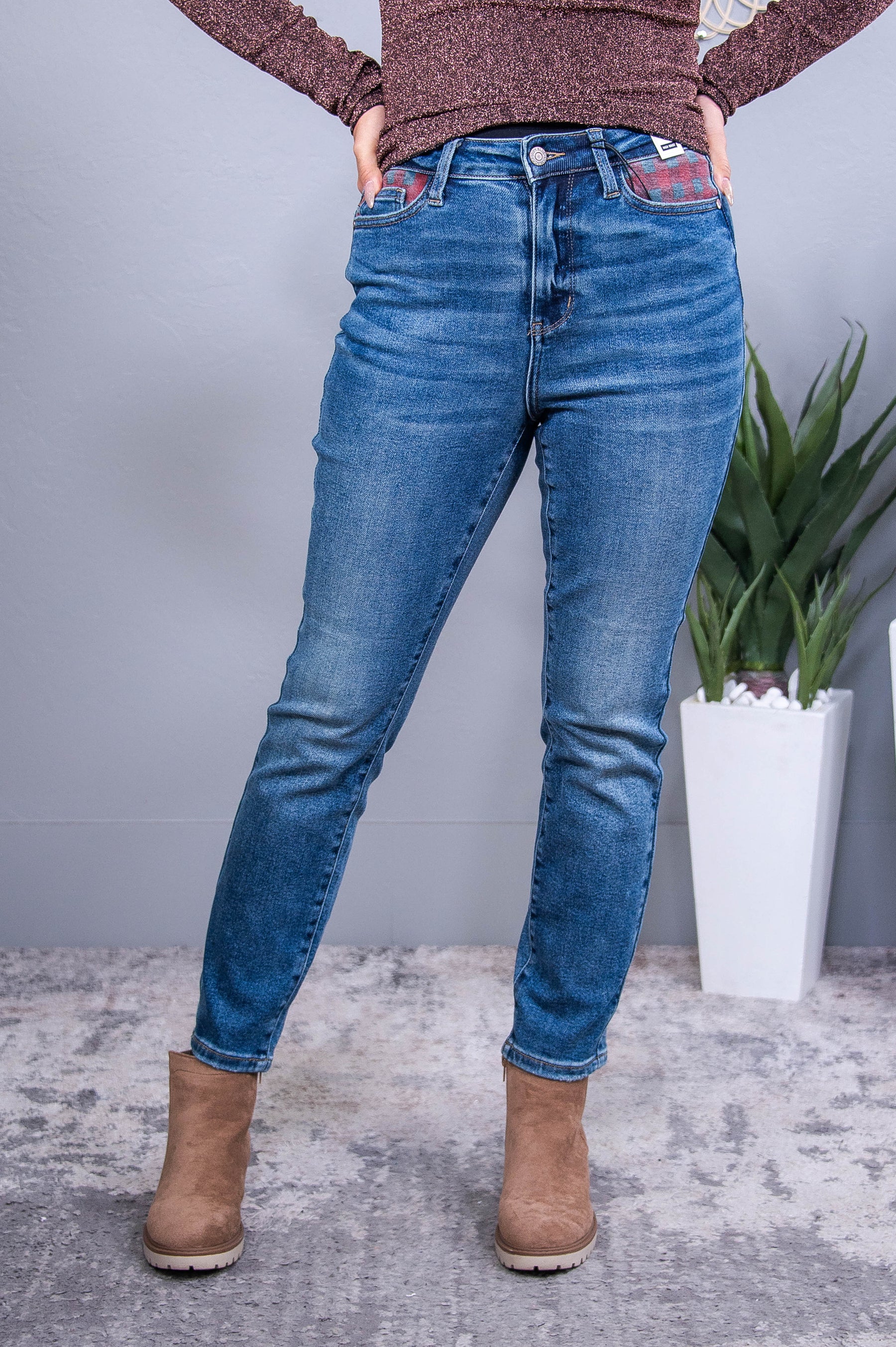 Belle Medium Denim Checkered Patched Jeans - K1245DN