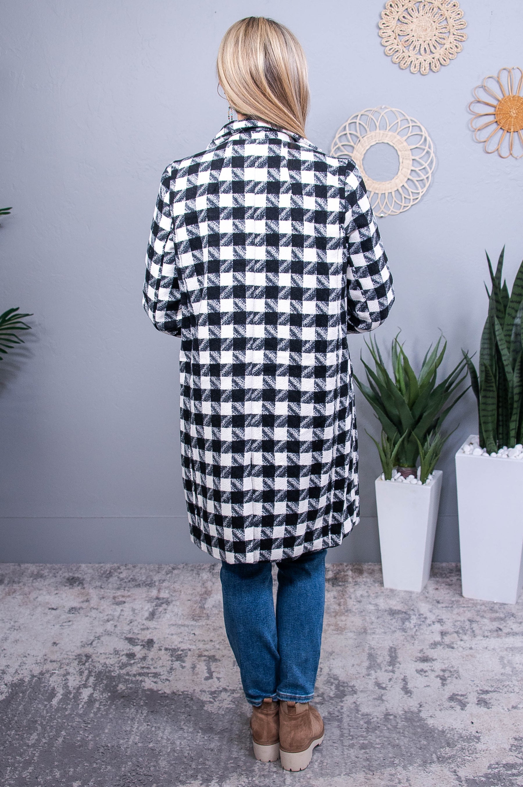 Big City Adventures Black/Ivory Checkered Long Jacket - O5621BK