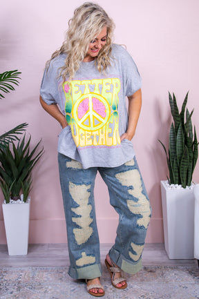 Better Together Gray/Multi Color Floral Peace Sign Top - T9938GR