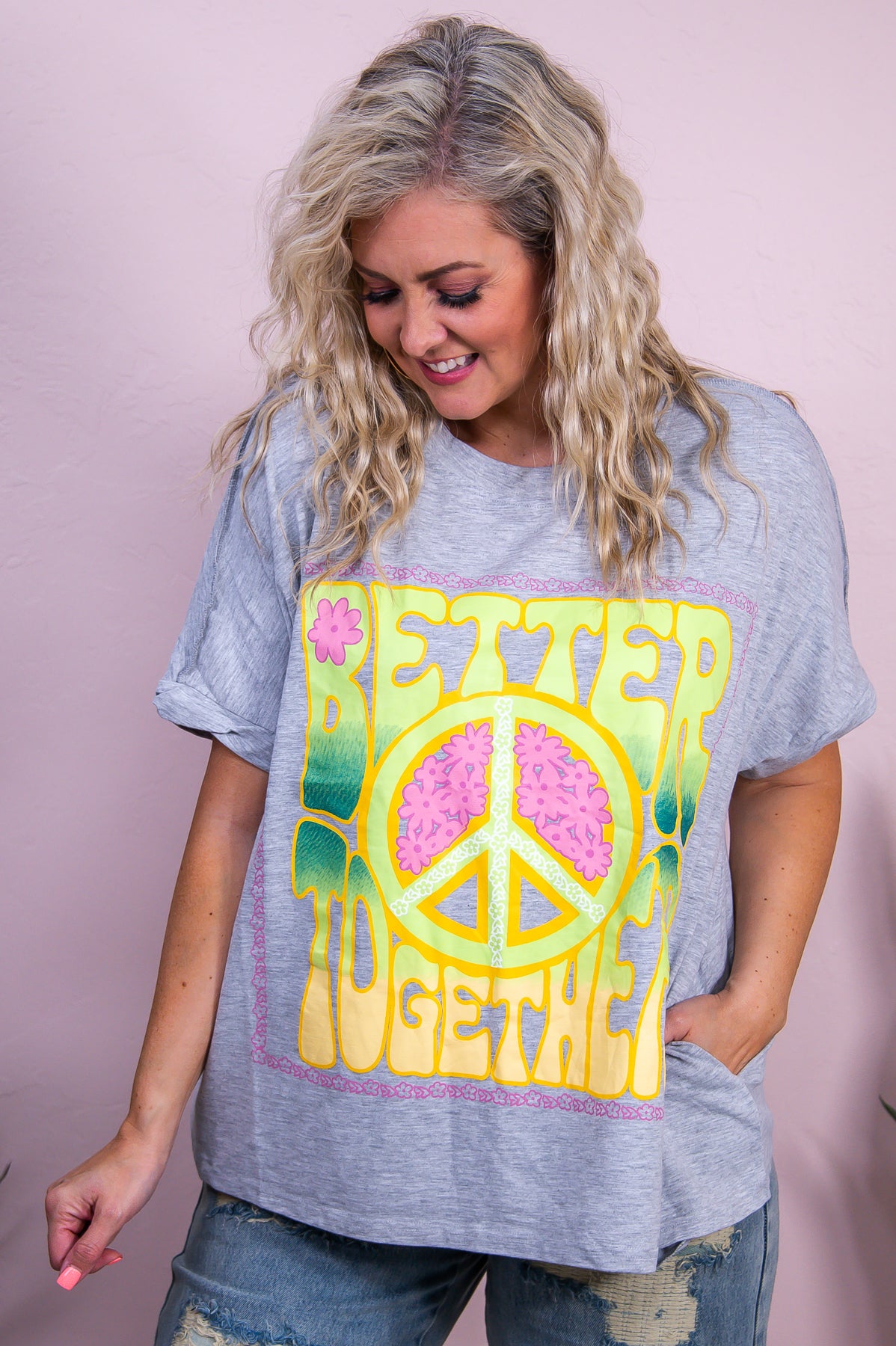 Better Together Gray/Multi Color Floral Peace Sign Top - T9938GR