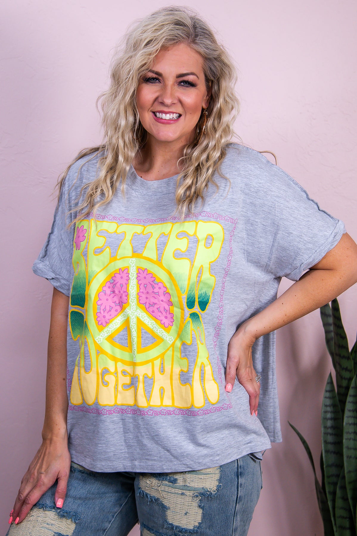 Better Together Gray/Multi Color Floral Peace Sign Top - T9938GR