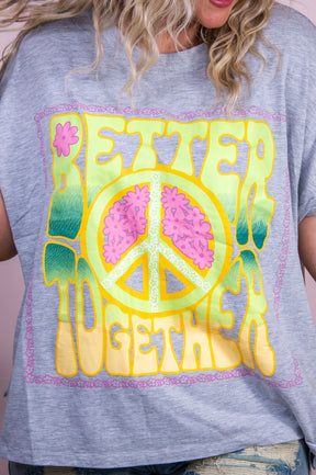 Better Together Gray/Multi Color Floral Peace Sign Top - T9938GR