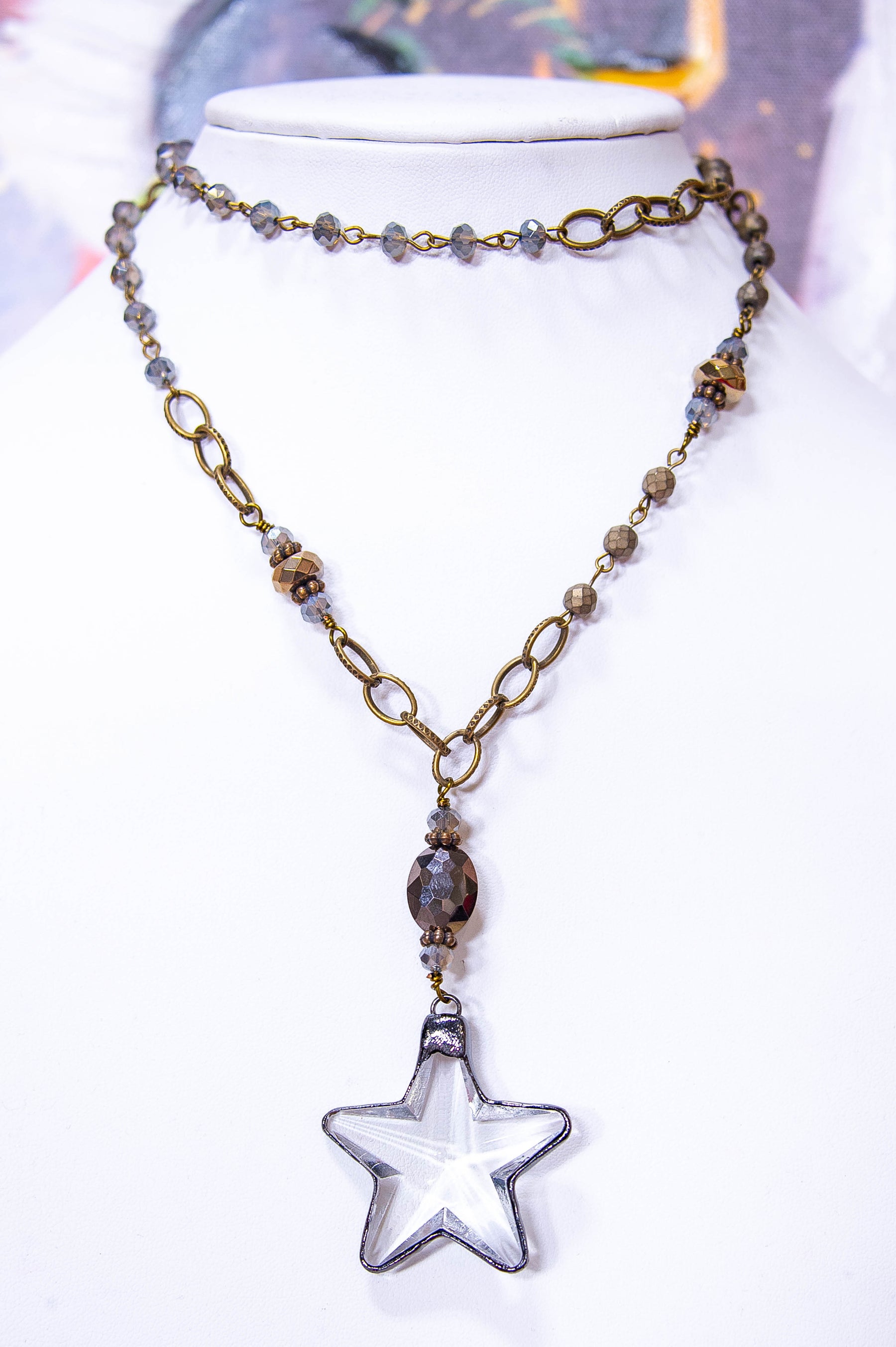 Antique Gold Long Bead Chain with Crystal Star Pendant Necklace - NEK4381AG