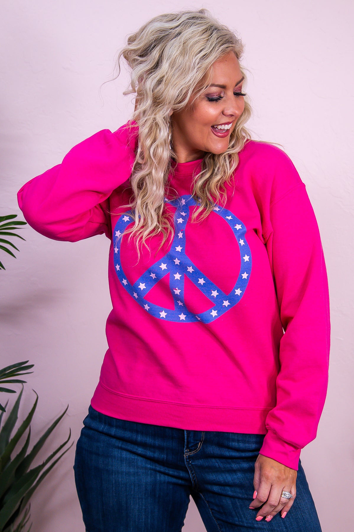 I Pledge Allegiance Cyber Pink/Heliconia Peace Sign/Stars Graphic Sweatshirt - A3436HE