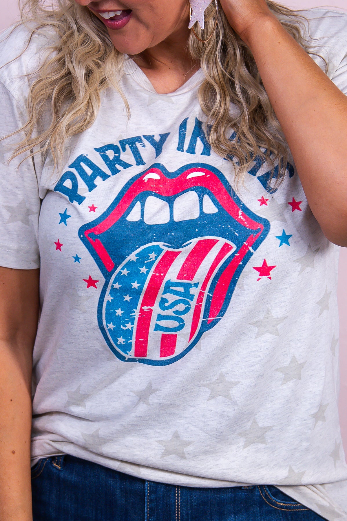 Party In The USA Heather Natural Star Graphic Tee - A3438NST